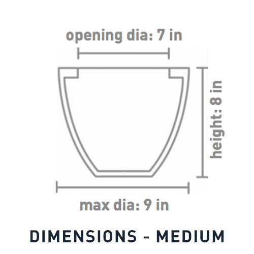 Cross Sectional dimensions of medium size Echoing Eternity-Slim Ceramic Planter.