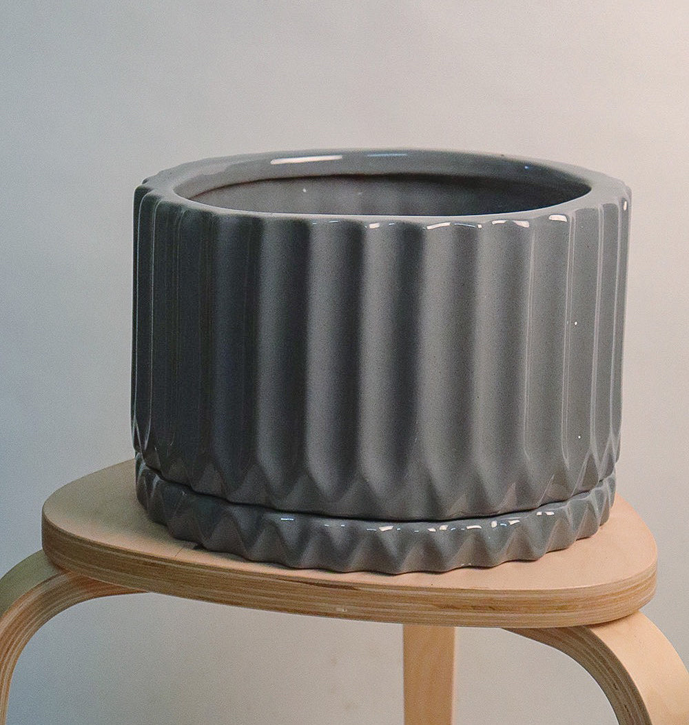 Grey color Fleeting Bliss Ceramic Planter with Bottom Plate placed on Stool.