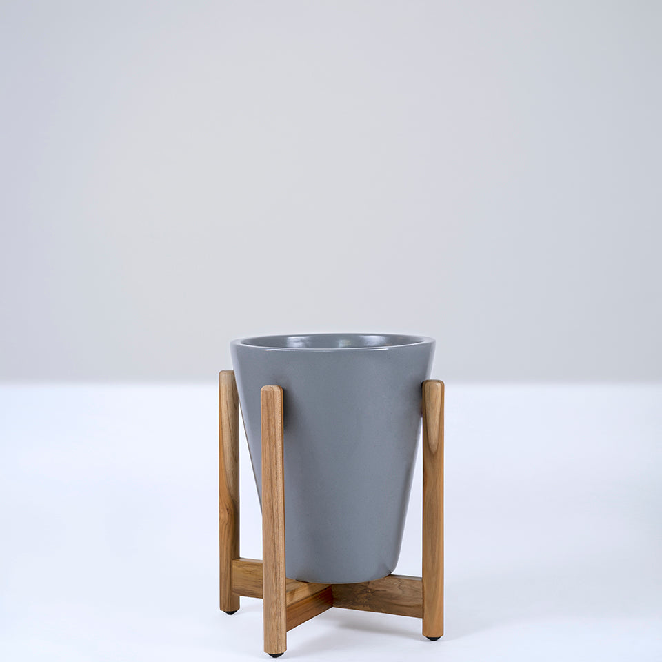 Medium Size Love Bite ceramic planter with wooden stand in Grey color.