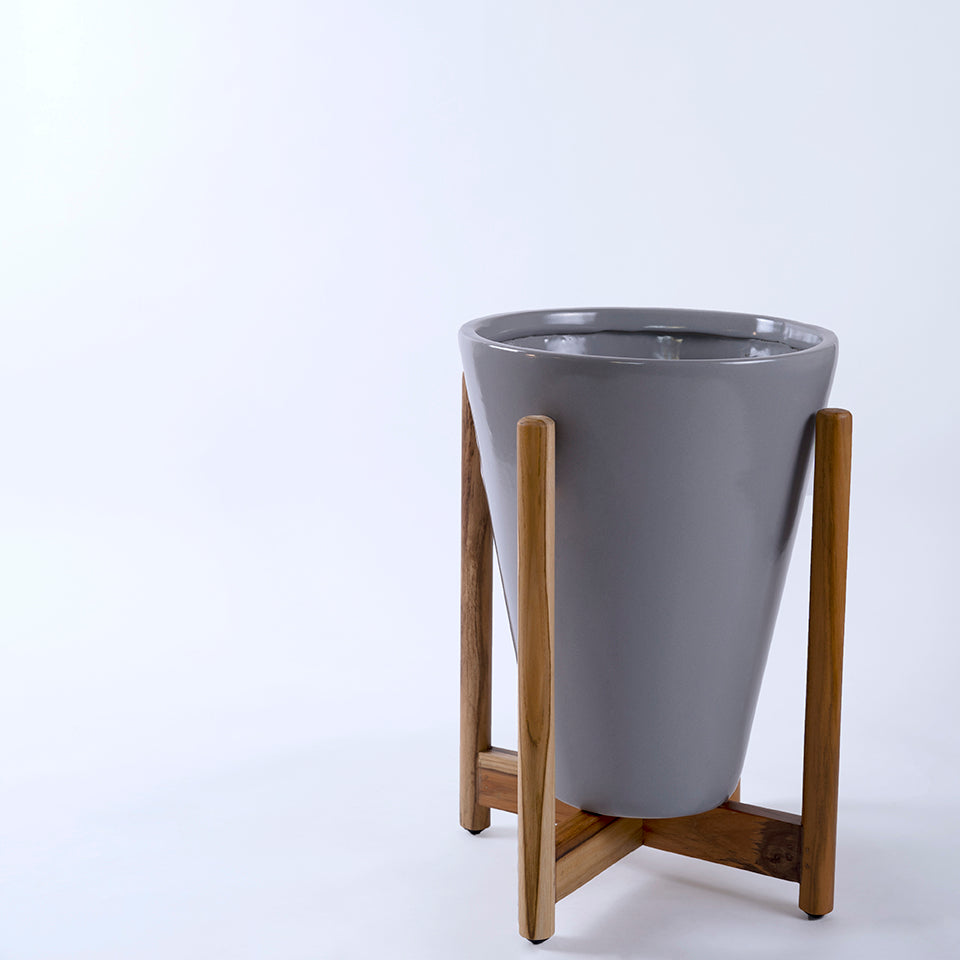 Large Size Love Bite ceramic planter with wooden stand in Grey color.