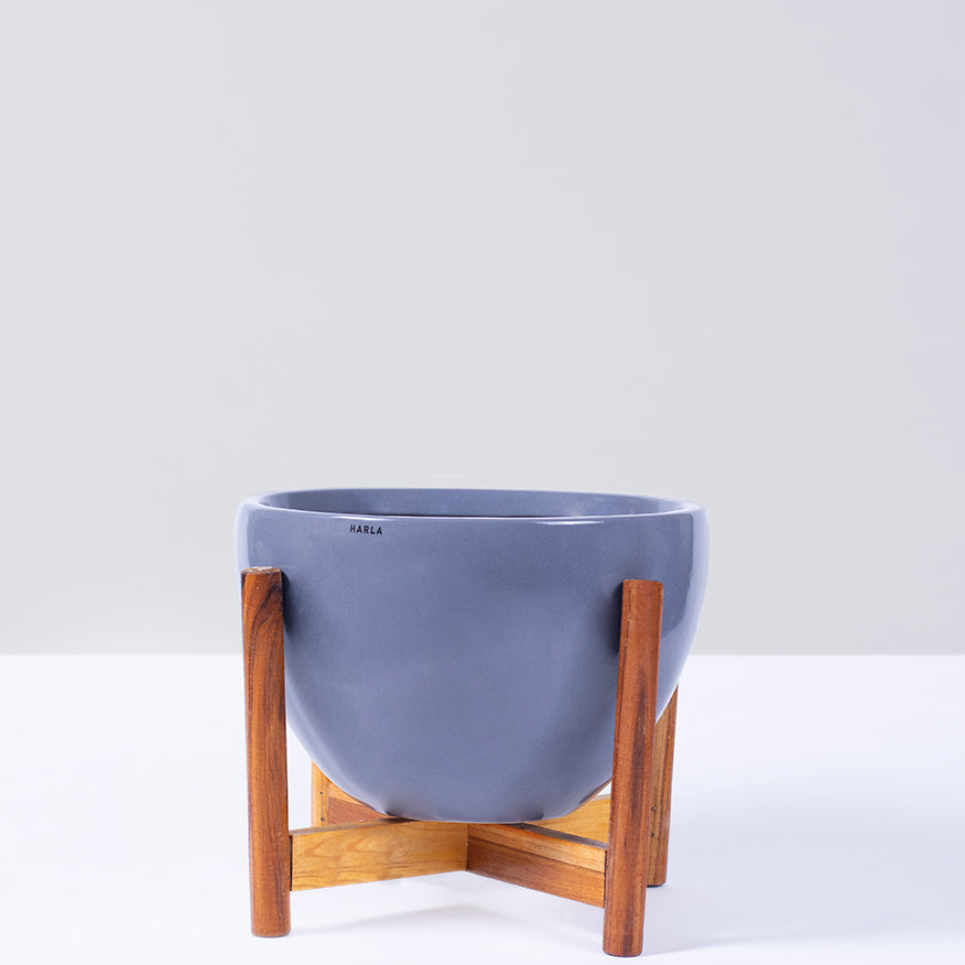 Medium Size Echoing Eternity-Fat Ceramic Planter in Grey Color with Wooden Stand.