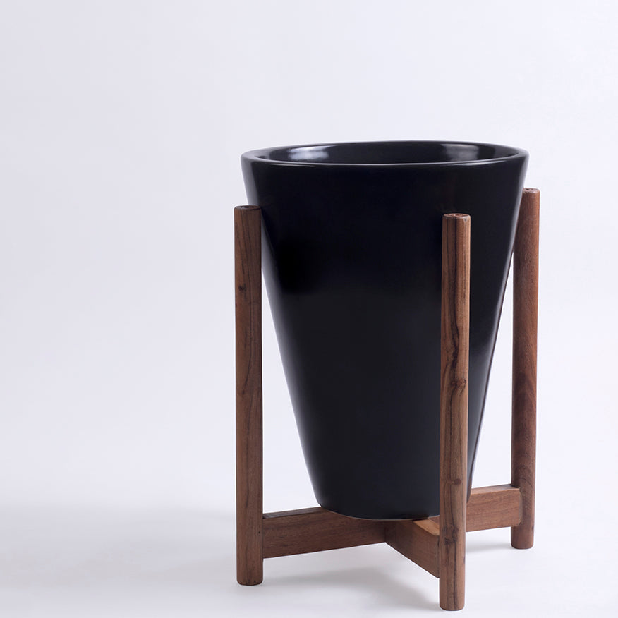 Large Size Love Bite ceramic planter with wooden stand in Black color 
